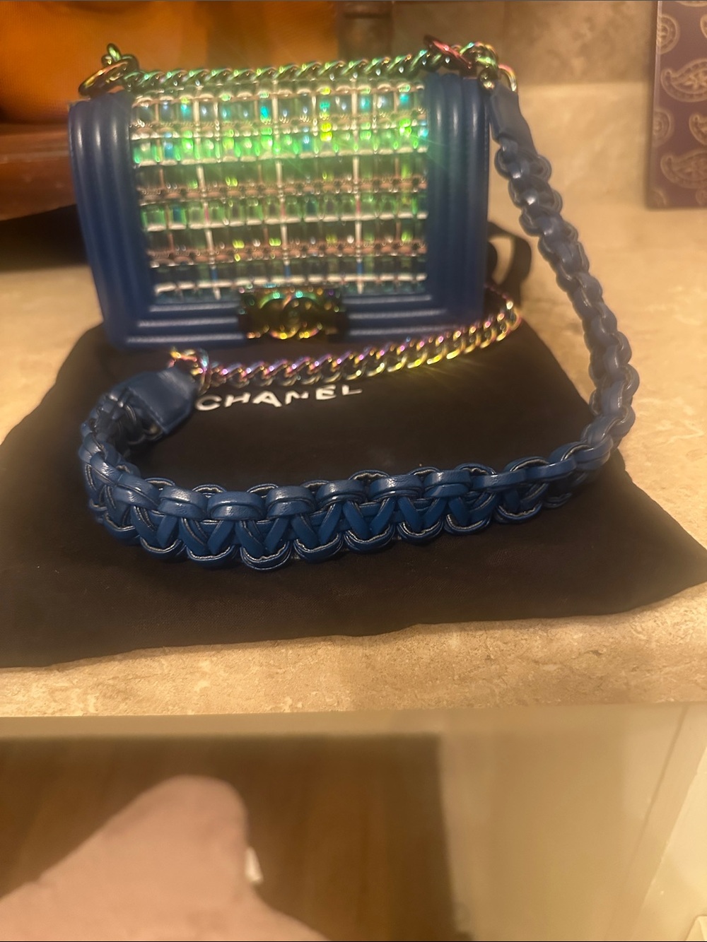 CHANEL Blue Iridescent Chain Shoulder Bag
